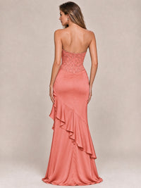 Strapless Lace Appliques Corset Satin Prom Dress Ruffle Slit Evening Gown