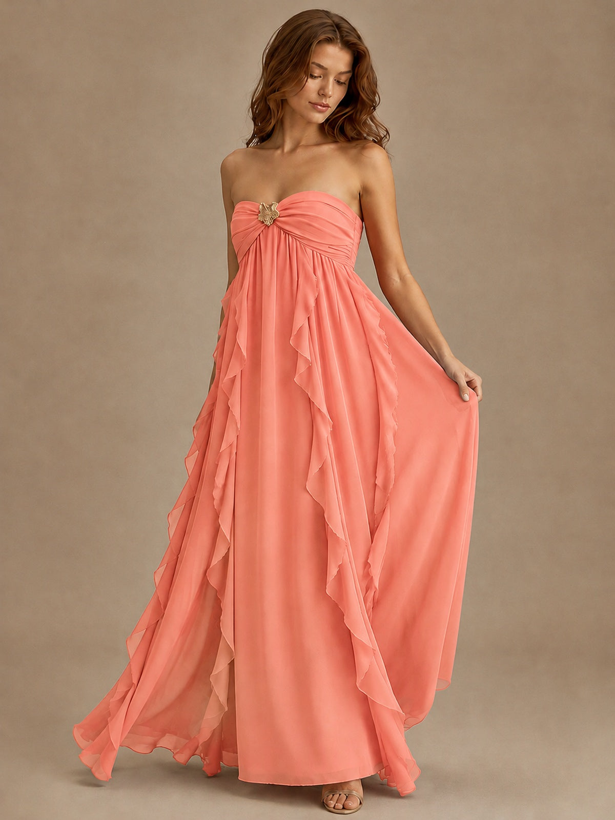Srapless Sweetheart Chiffon Prom Dress Ruffle Formal Evening Gown