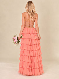 Ruffled Tiered Chiffon Prom Dress Spaghetti Straps Formal Maxi Dress with Slit