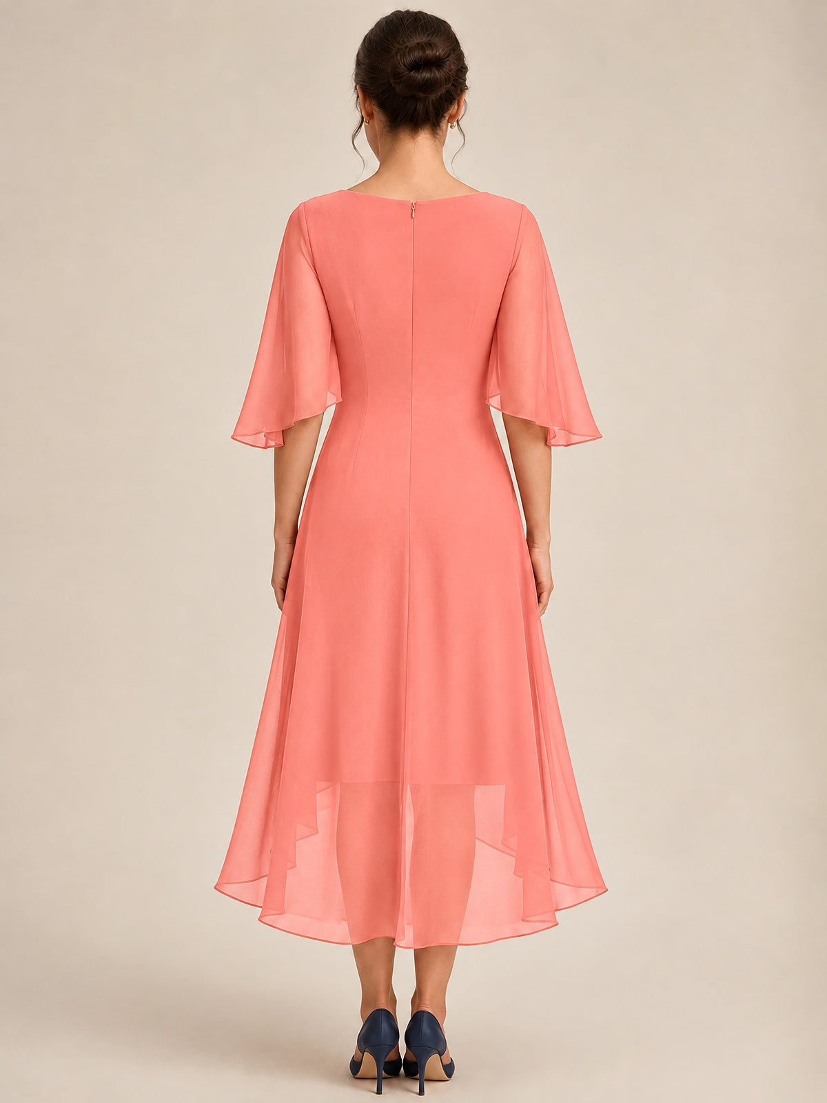 Cowl Neck Ruched Chiffon Mother of the Bride Dresses with Flutter Sleeves