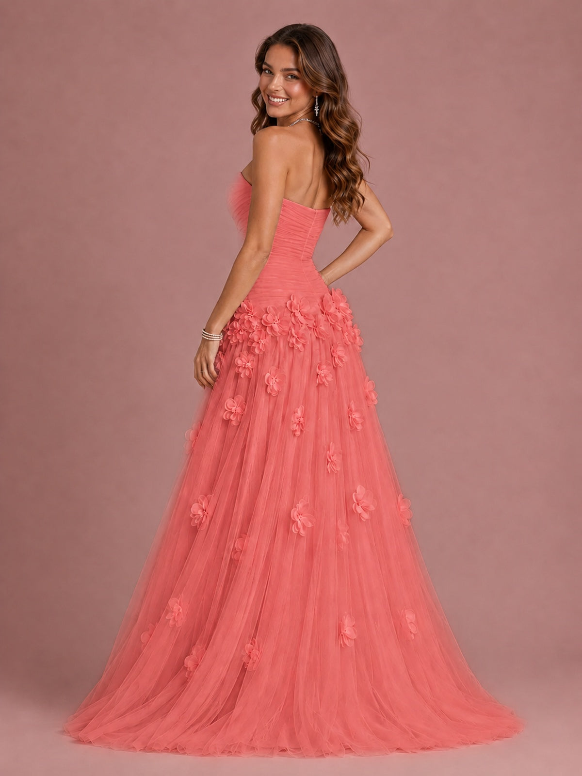Blush Pink Strapless Sweetheart 3D Floral Tulle Ball Gown Prom Dres