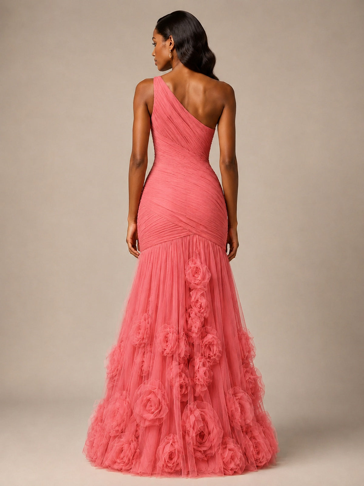 Blush Pink One Shoulder 3D Floral Mermaid Prom Dress