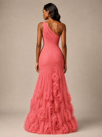 Blush Pink One Shoulder 3D Floral Mermaid Prom Dress