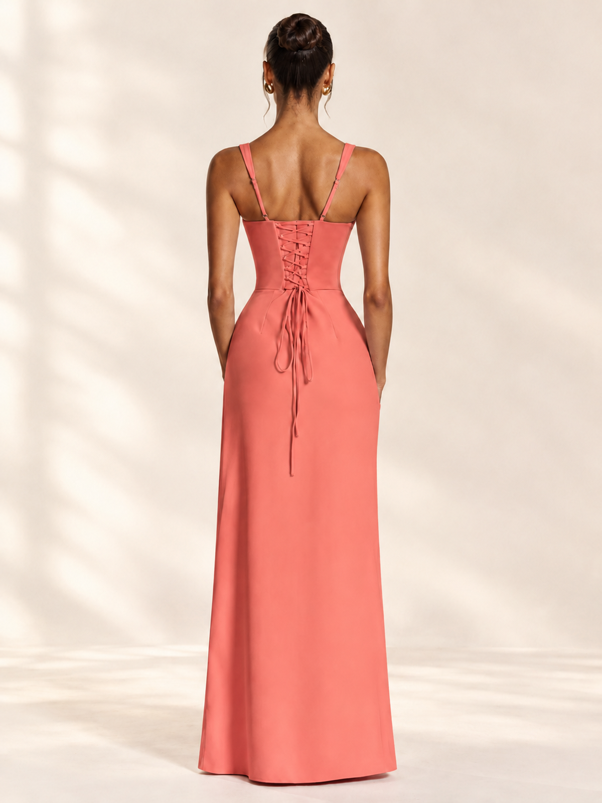 Square Neck Satin Sleeveless Ruched Prom Dress with High Slit