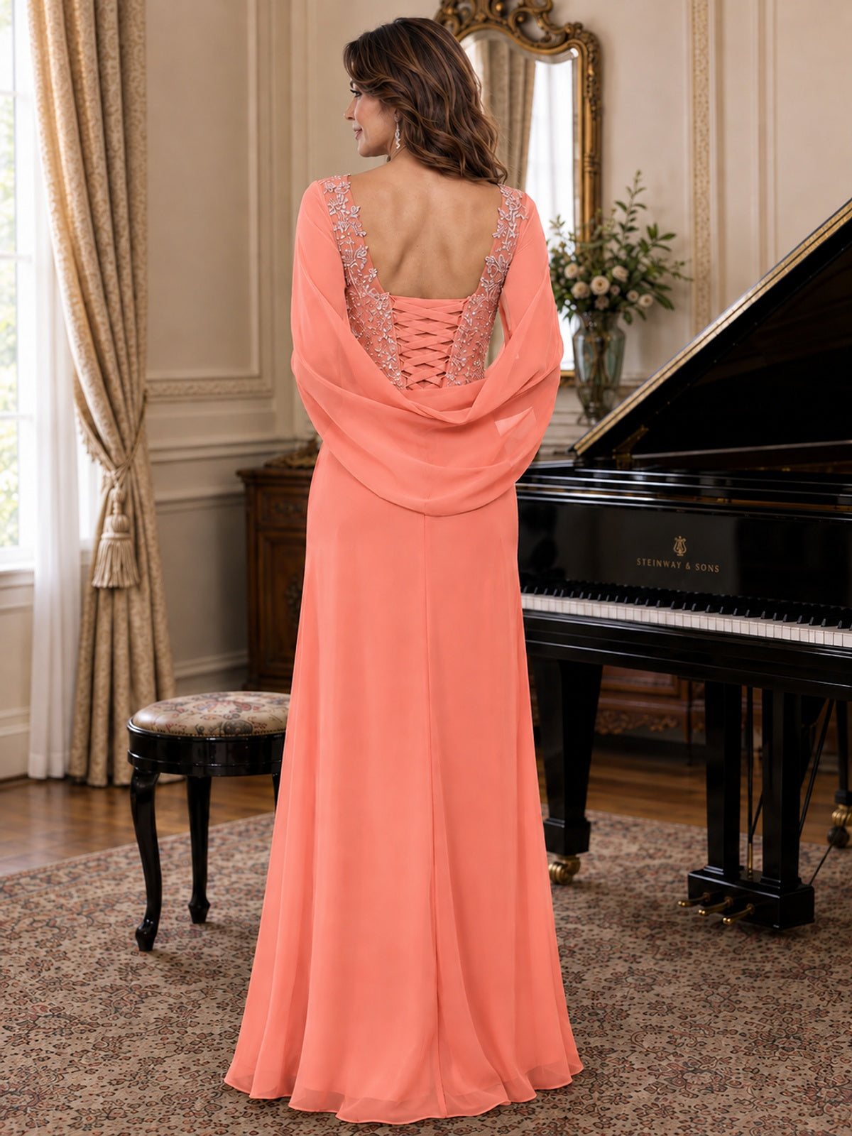Elegant Applique Chiffon Mother of the Bride Dress with Cape Sleeves