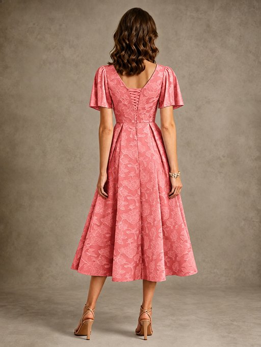 V-Neck Floral Jacquard Tea-Length Mother of the Bride Dress