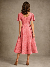 V-Neck Floral Jacquard Tea-Length Mother of the Bride Dress