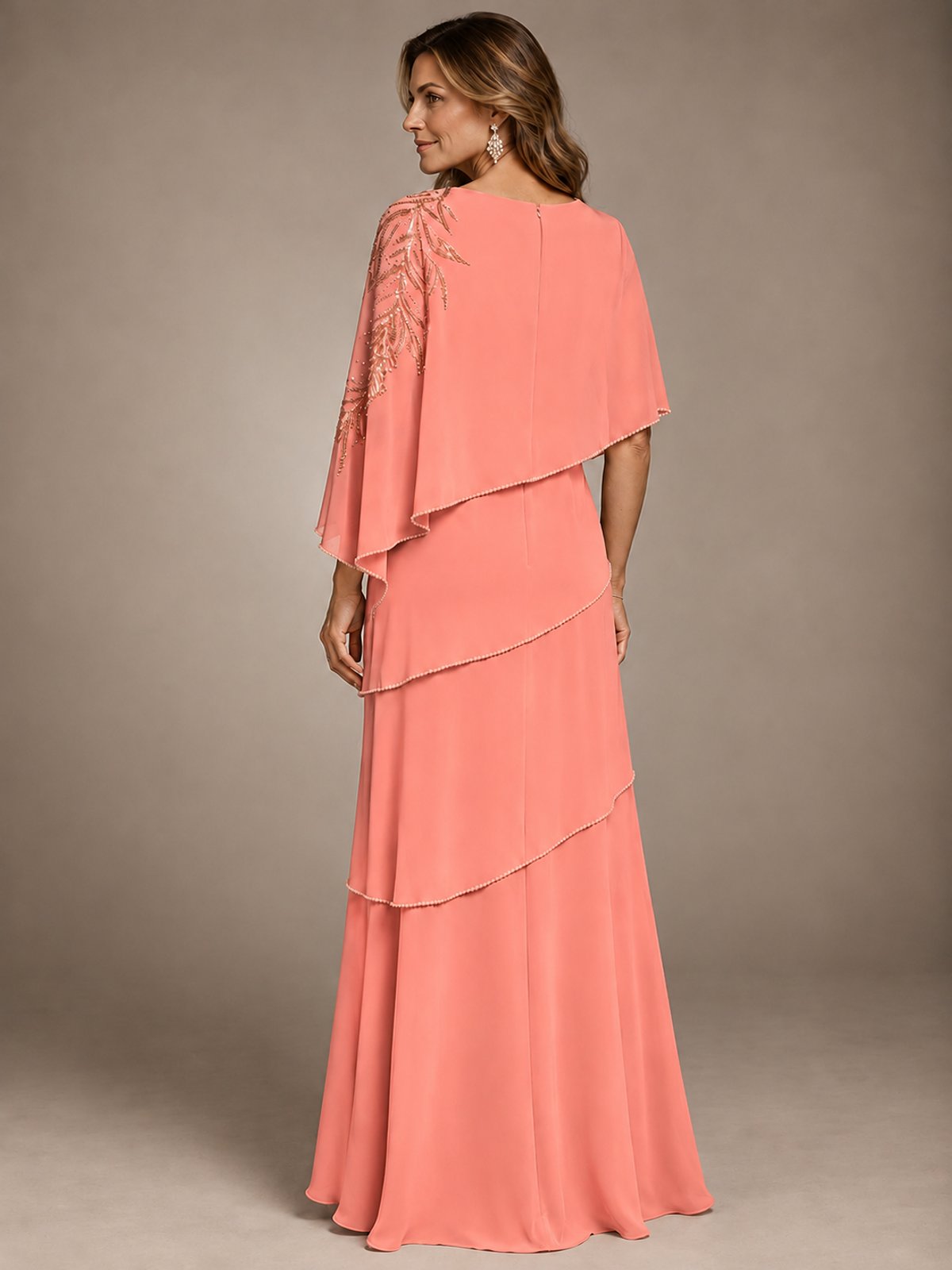 Elegant Chiffon Cape Sleeve Beaded Mother of the Bride Dress