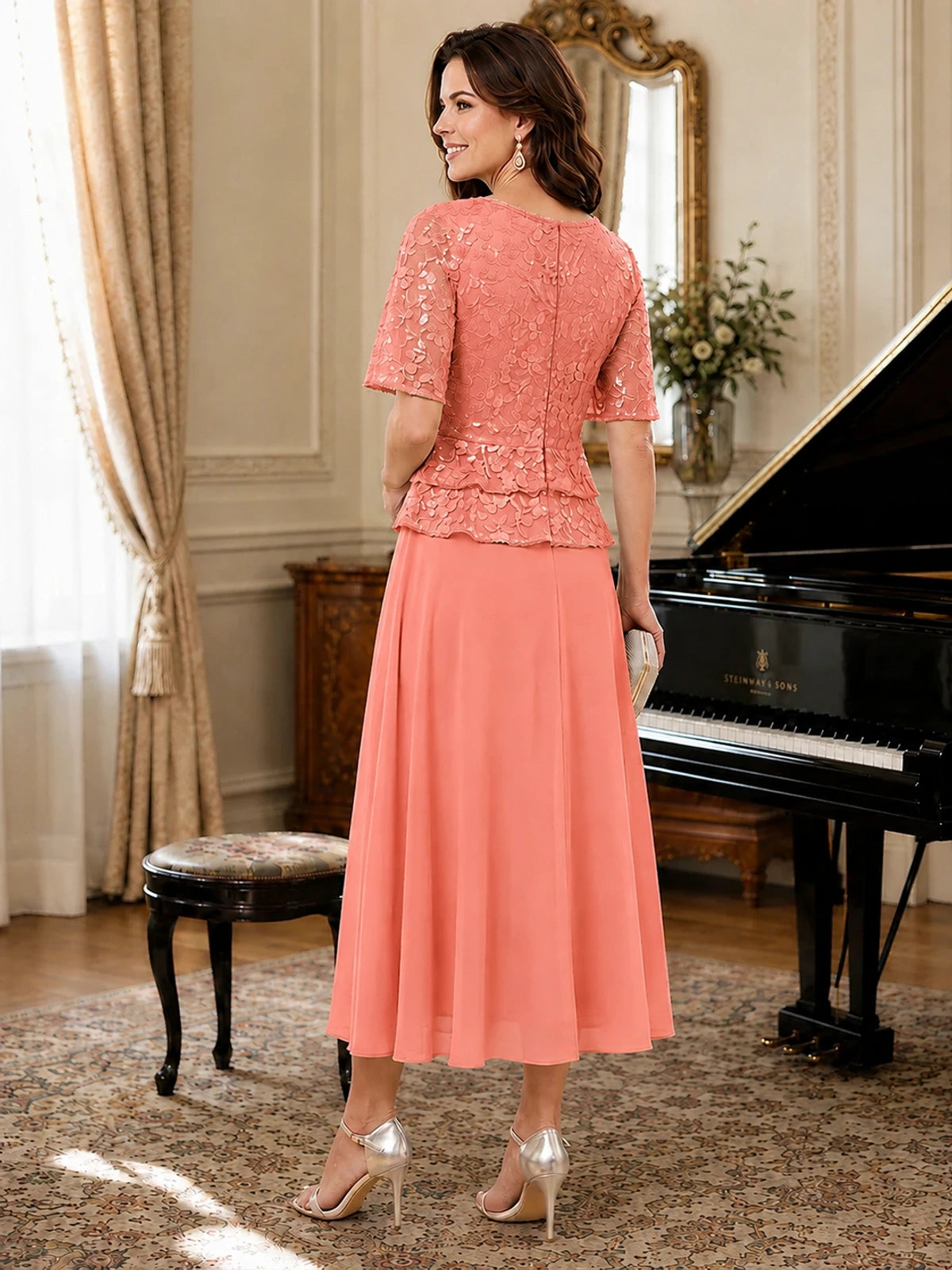 Tea-Length Chiffon Mother of the Bride Dress with Sequin Lace Sleeves