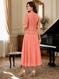 Tea-Length Chiffon Mother of the Bride Dress with Sequin Lace Sleeves