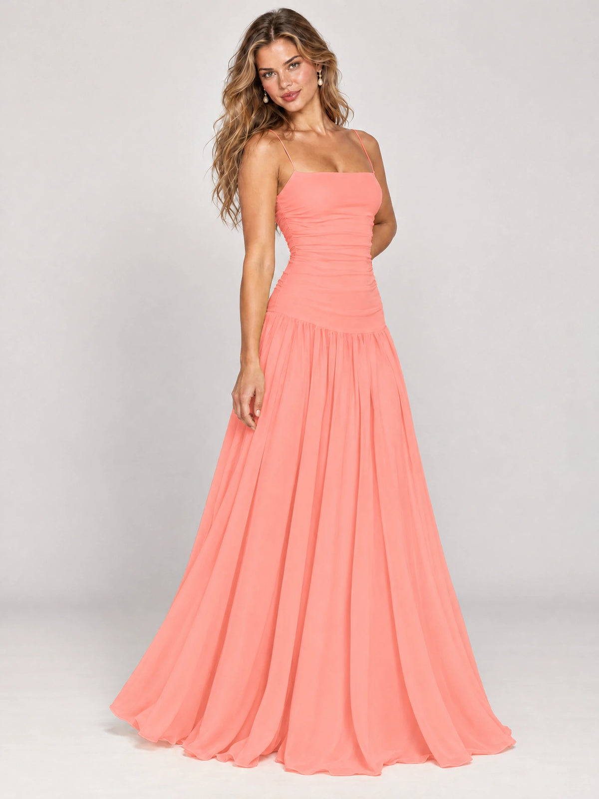 Butter Yellow Ruched Spaghetti Strap Drop-Waist Prom Dress