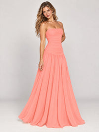 Butter Yellow Ruched Spaghetti Strap Drop-Waist Prom Dress