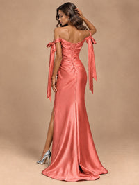 Off The Shuolder Satin Prom Dress Slit Mermaid Formal Gowns
