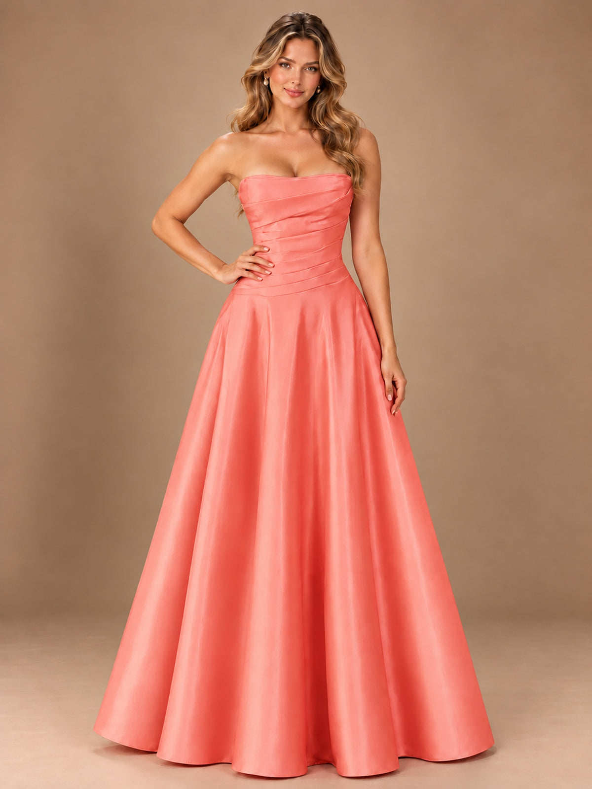 Blush Pink Strapless Satin A-Line Prom Dress with Ruched Bodice