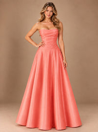 Blush Pink Strapless Satin A-Line Prom Dress with Ruched Bodice