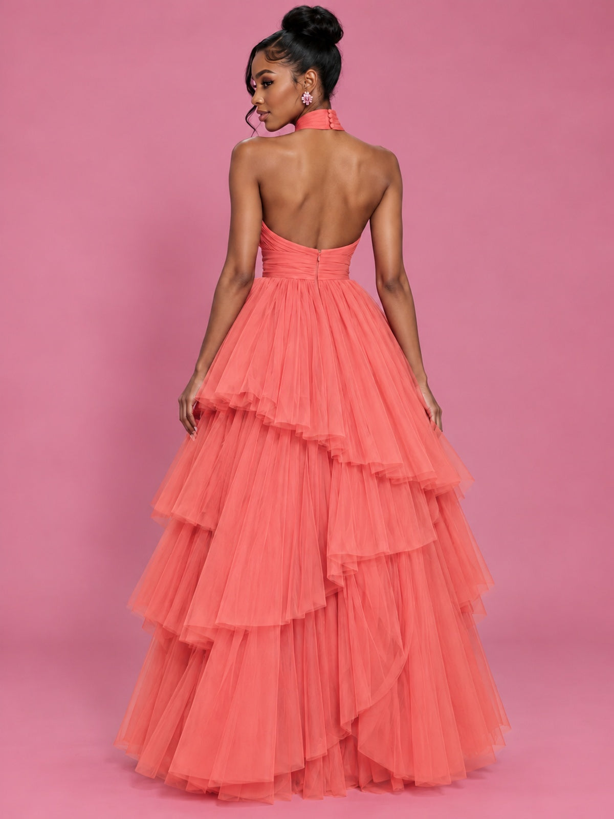 Hot Pink Tulle Halter Neck Tiered Ruffle Maxi Dress