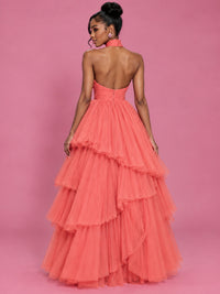 Hot Pink Tulle Halter Neck Tiered Ruffle Maxi Dress