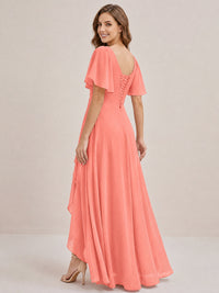 Dusty Blue Chiffon Bridesmaid Dress with Flutter Sleeves & High-Low Hem