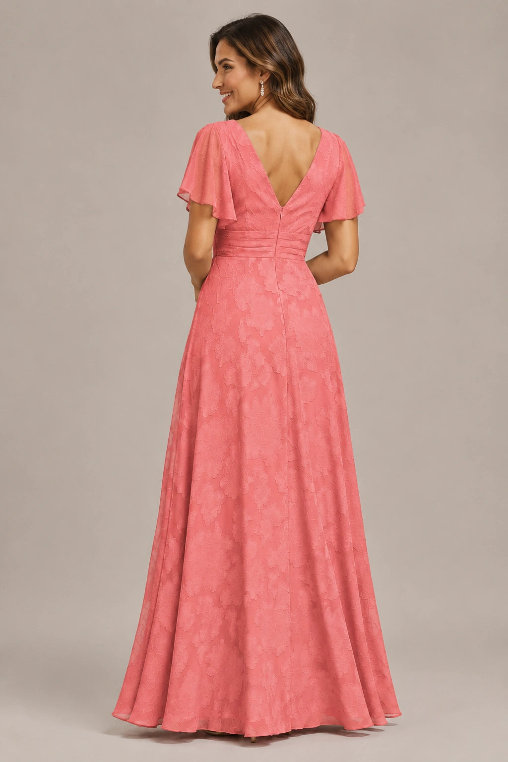 Jovellee Floral Chiffon A-Line Mother of the Bride Dress with Flutter Sleeves