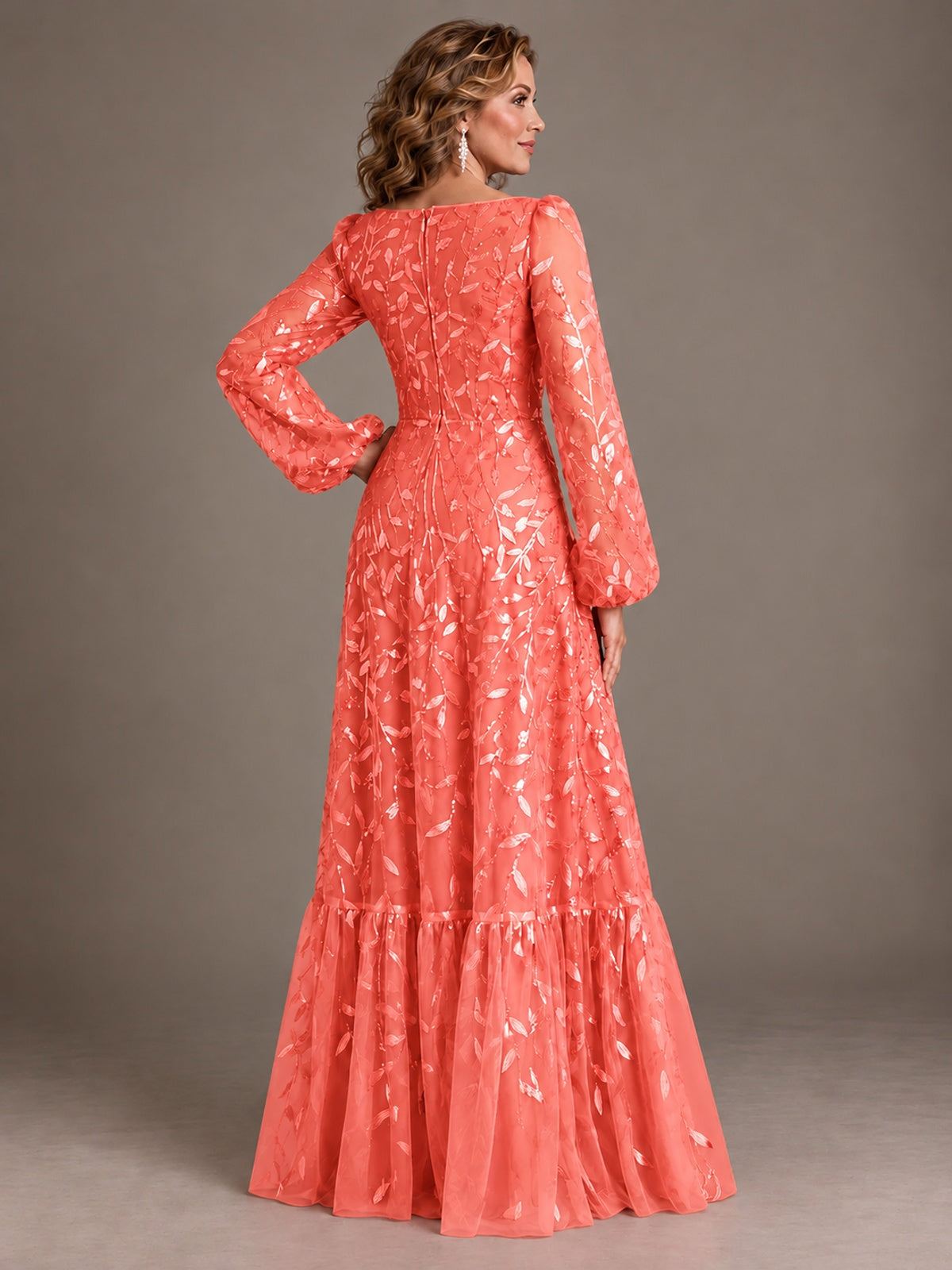 Floral Sequin Embroidered A-Line Mother of the Bride Dress with Long Sleeves