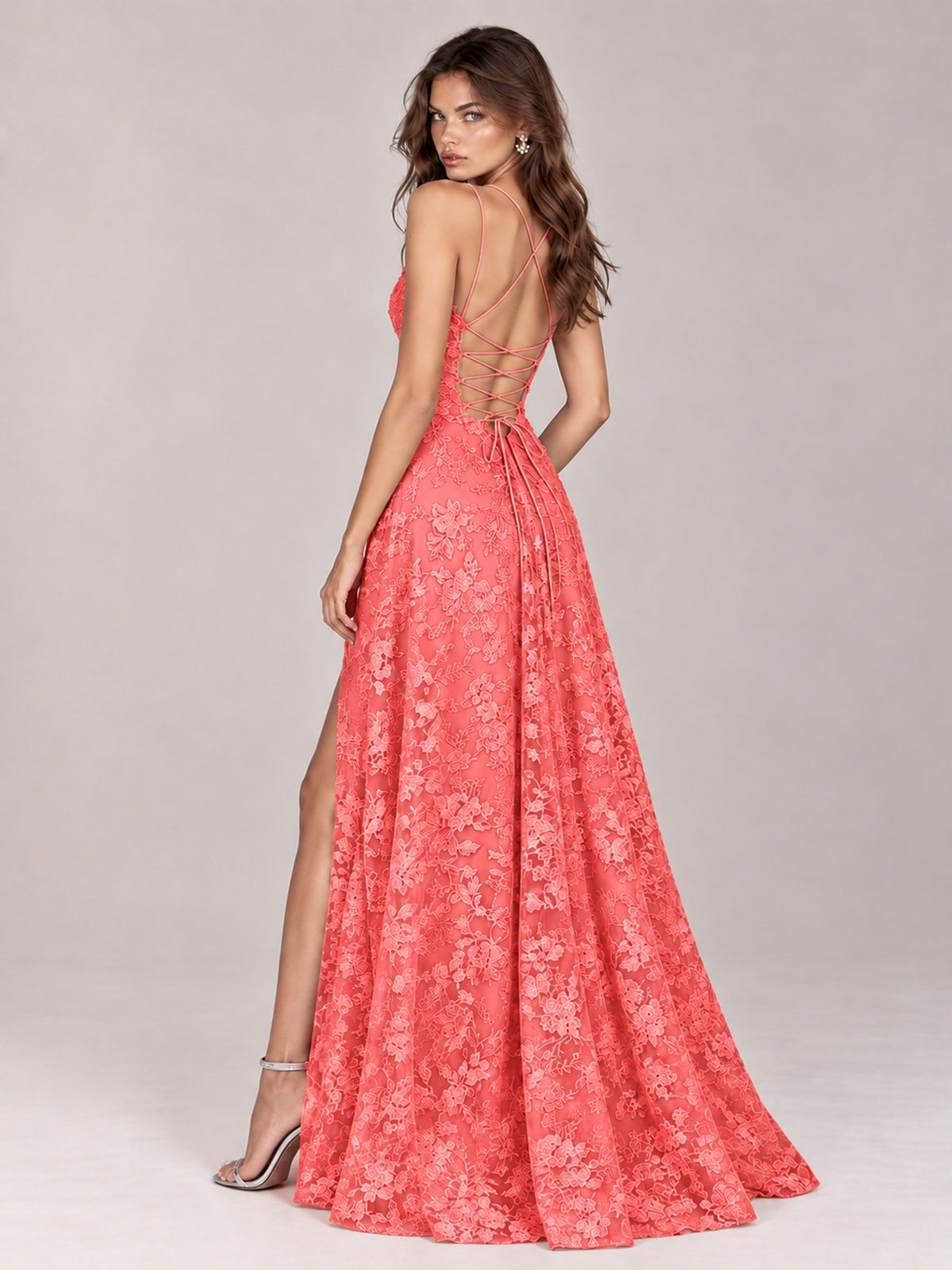 Floral Lace A-Line Prom Dress with Spaghetti Straps & High Slit