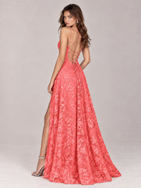 Floral Lace A-Line Prom Dress with Spaghetti Straps & High Slit