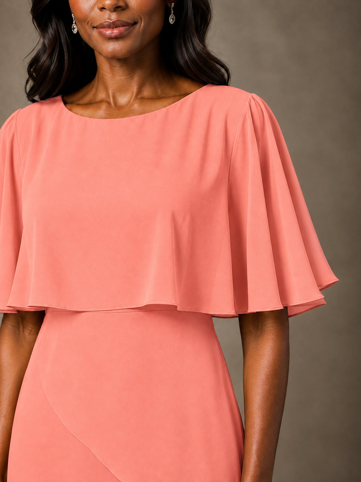 Taupe Chiffon A-Line Mother of the Bride Dress with Cape Sleeves