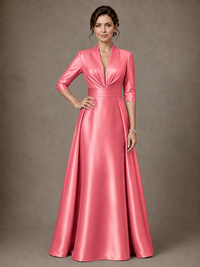 V-Neck Pleated Satin Mother of the Bride Gown with 3/4 Sleeves