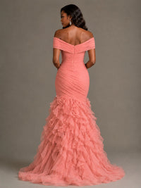 Pink Off-the-Shoulder Mermaid Prom Dress with Ruffles 3D Flowers
