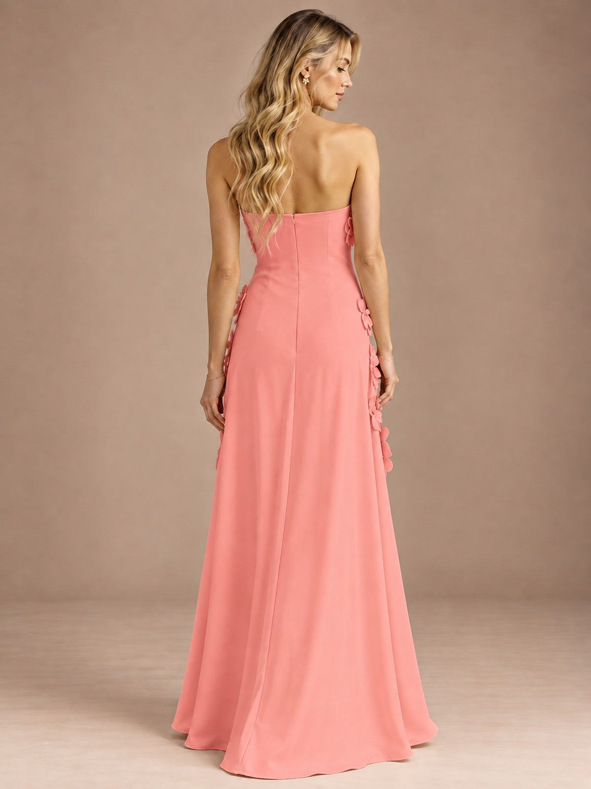 Yellow Strapless A-line Satin Maxi Dress with 3D Floral