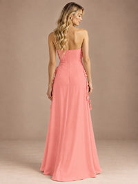 Yellow Strapless A-line Satin Maxi Dress with 3D Floral