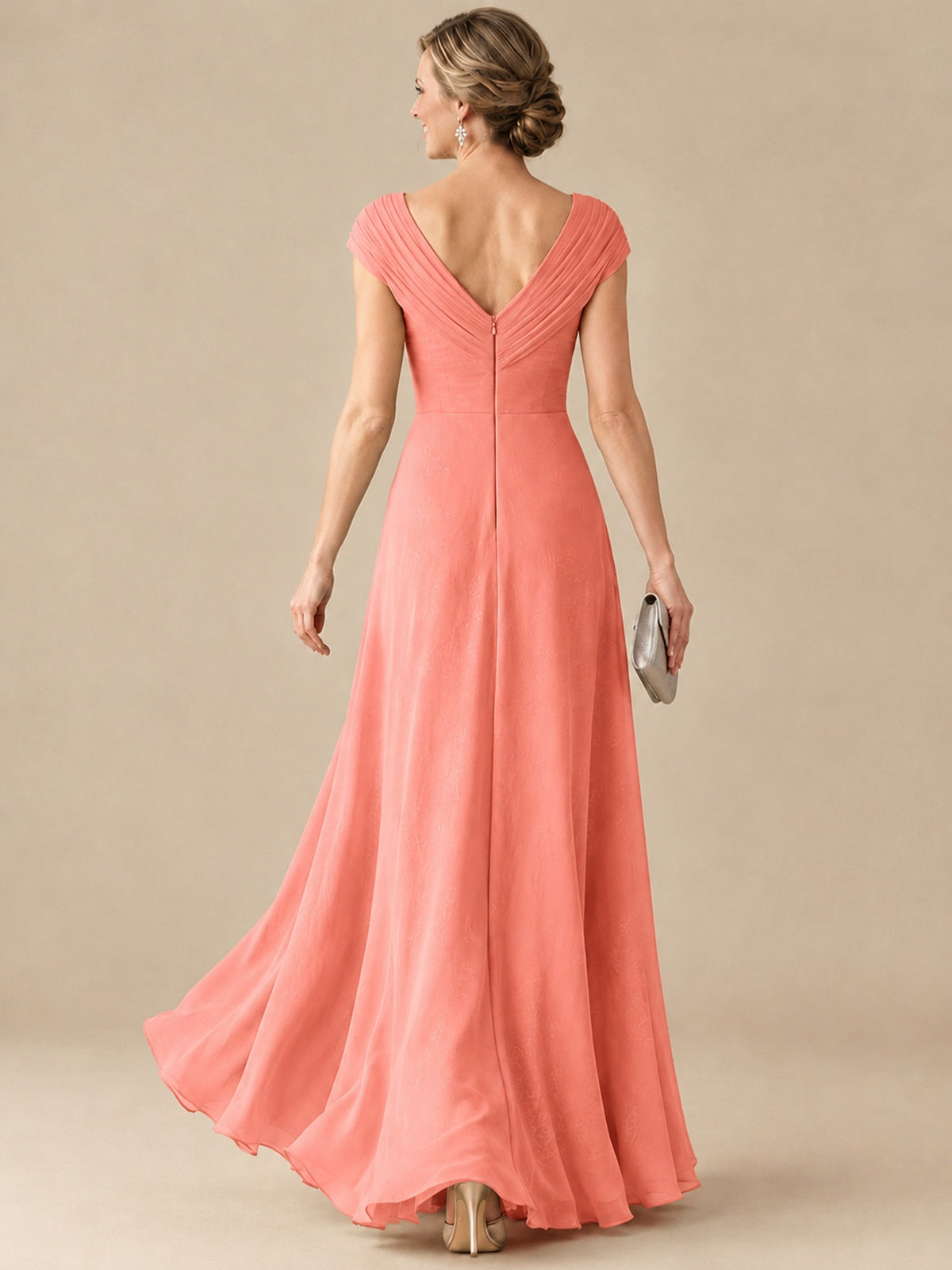 Pleated Chiffon Lace Mother of The Bride Dresses with Beading Cap Sleeves