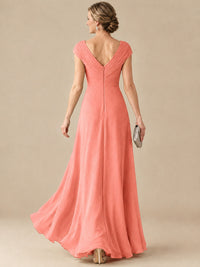 Pleated Chiffon Lace Mother of The Bride Dresses with Beading Cap Sleeves