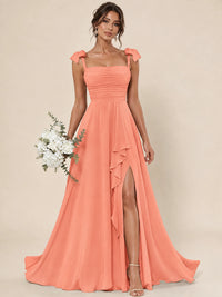 Ruffle Slit Chiffon A Line Scoop Neck Bridesmaid Dresses with Pockets