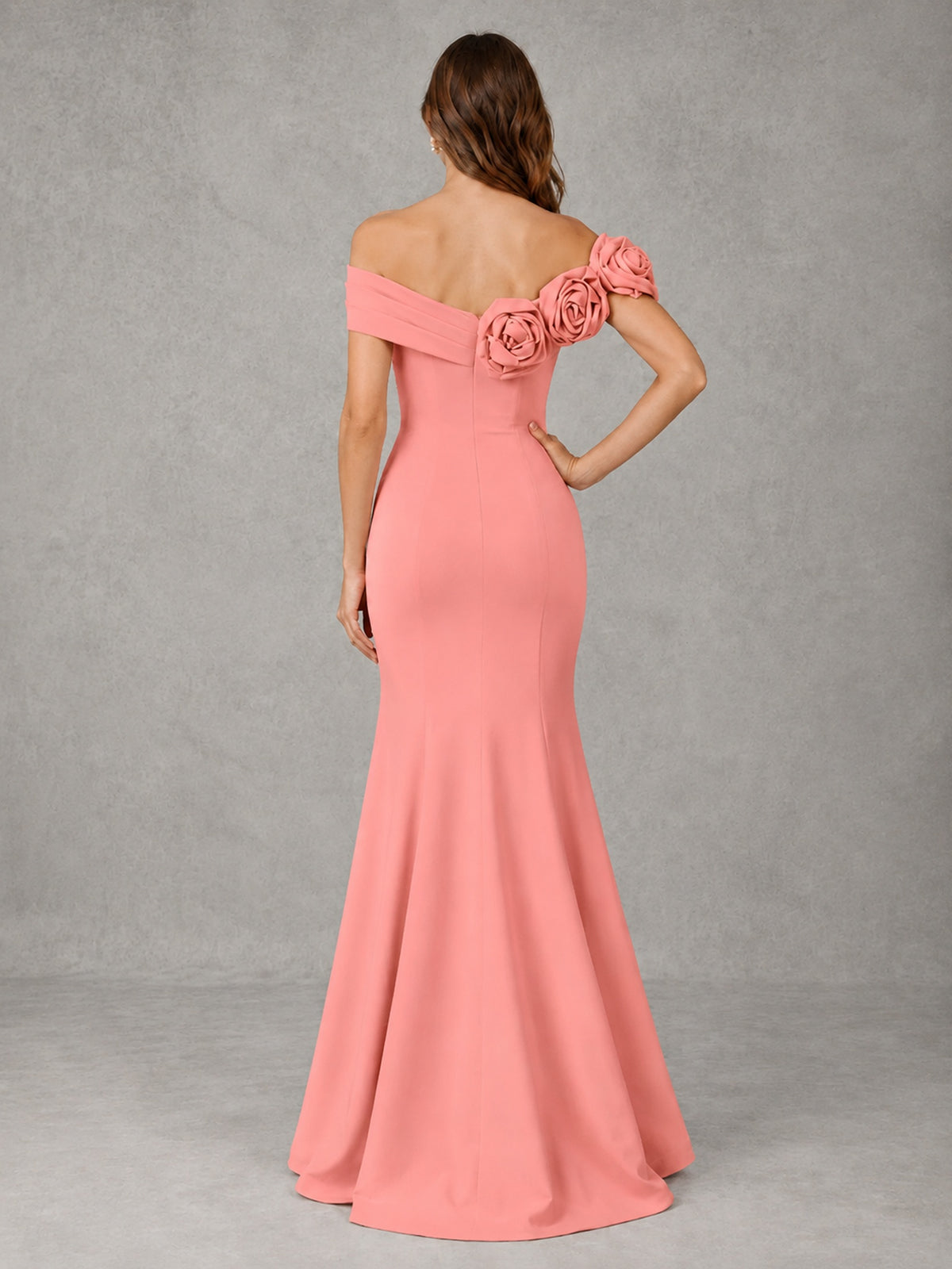 Blush Pink Off Shoulder Mermaid Bridesmaid Dress with Floral Rosette