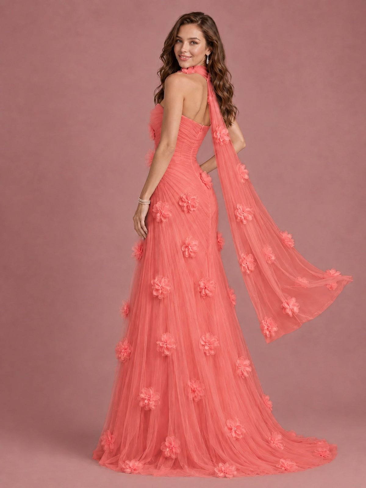 Blush Pink Strapless Sweetheart 3D Floral Tulle Mermaid Prom Dress