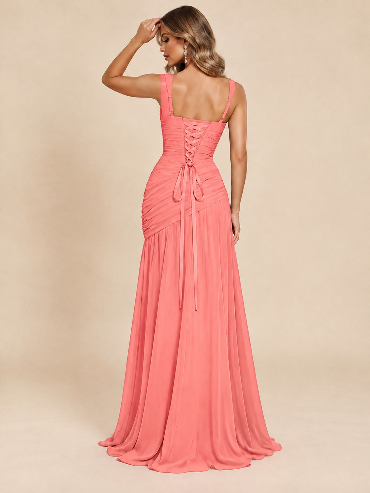Wrap Pleated Prom Dress Scoop Neck with Slit Women Wedding Formal Dress
