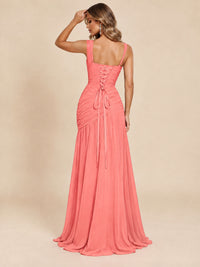 Wrap Pleated Prom Dress Scoop Neck with Slit Women Wedding Formal Dress