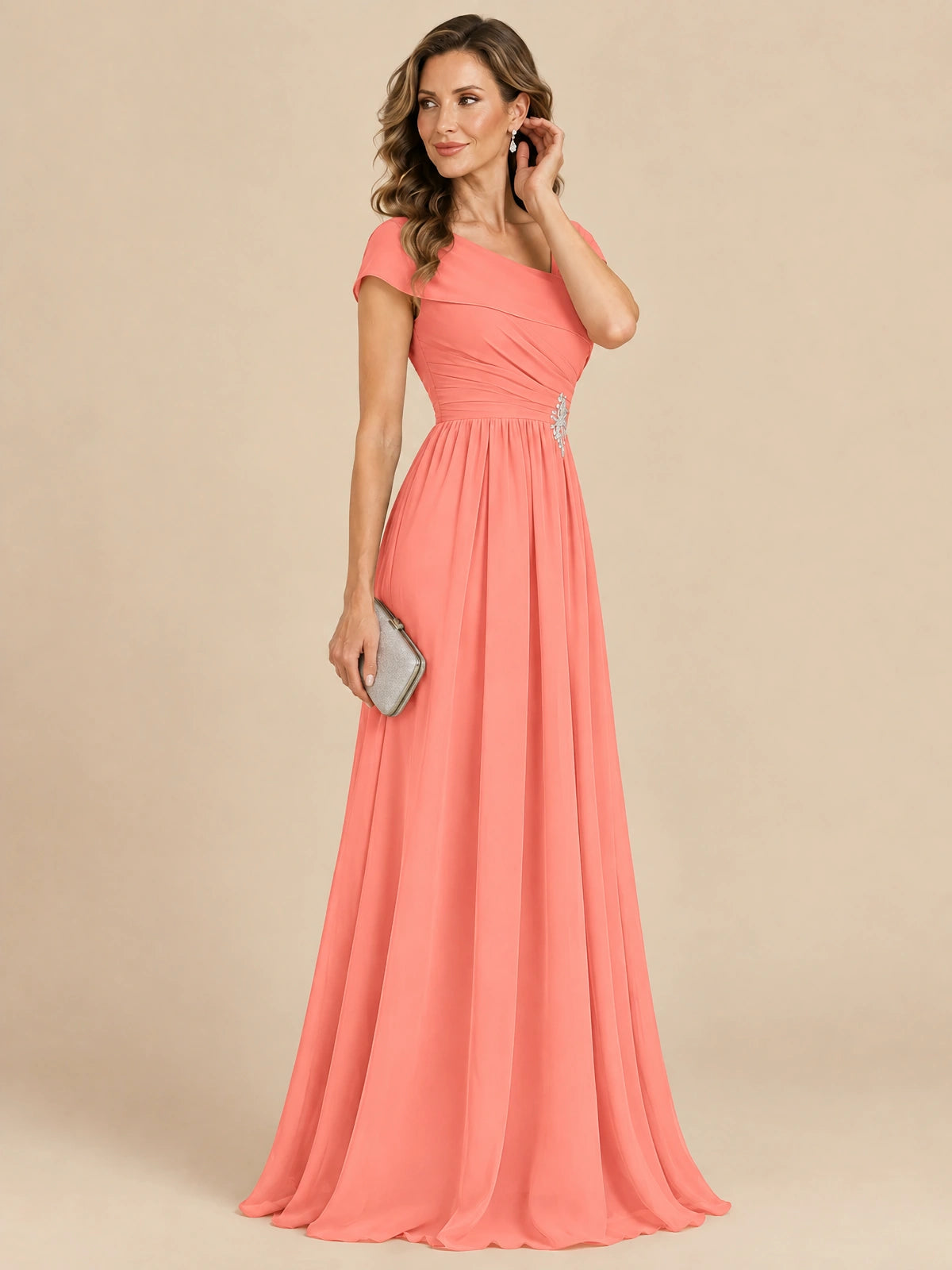 Cap Sleeve Mother of The Bride Dresses Long Chiffon Formal Gowns