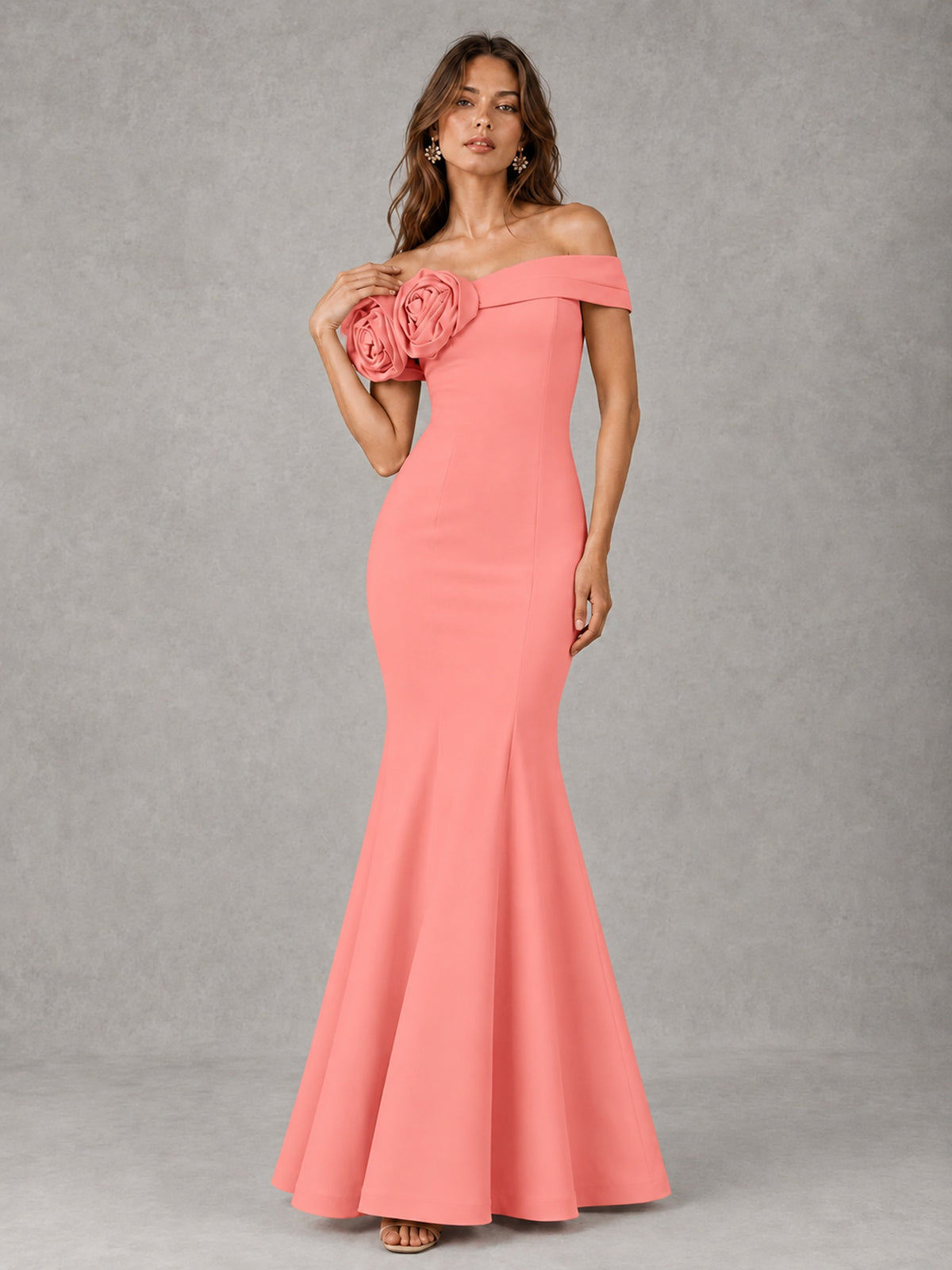 Blush Pink Off Shoulder Mermaid Bridesmaid Dress with Floral Rosette