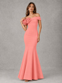 Blush Pink Off Shoulder Mermaid Bridesmaid Dress with Floral Rosette