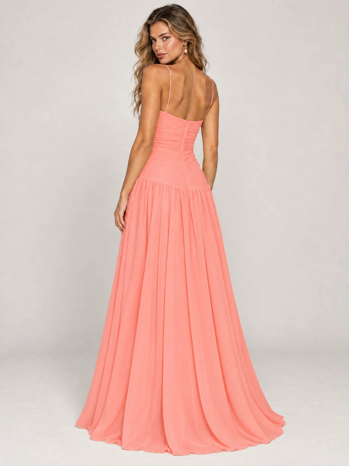 Butter Yellow Ruched Spaghetti Strap Drop-Waist Prom Dress