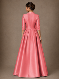V-Neck Pleated Satin Mother of the Bride Gown with 3/4 Sleeves