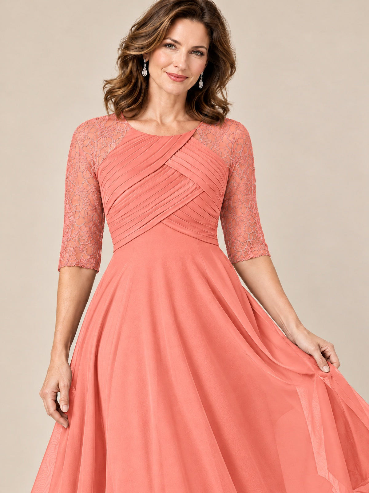 Tea-Length Mother of the Bride Dress with Lace 3/4 Sleeves
