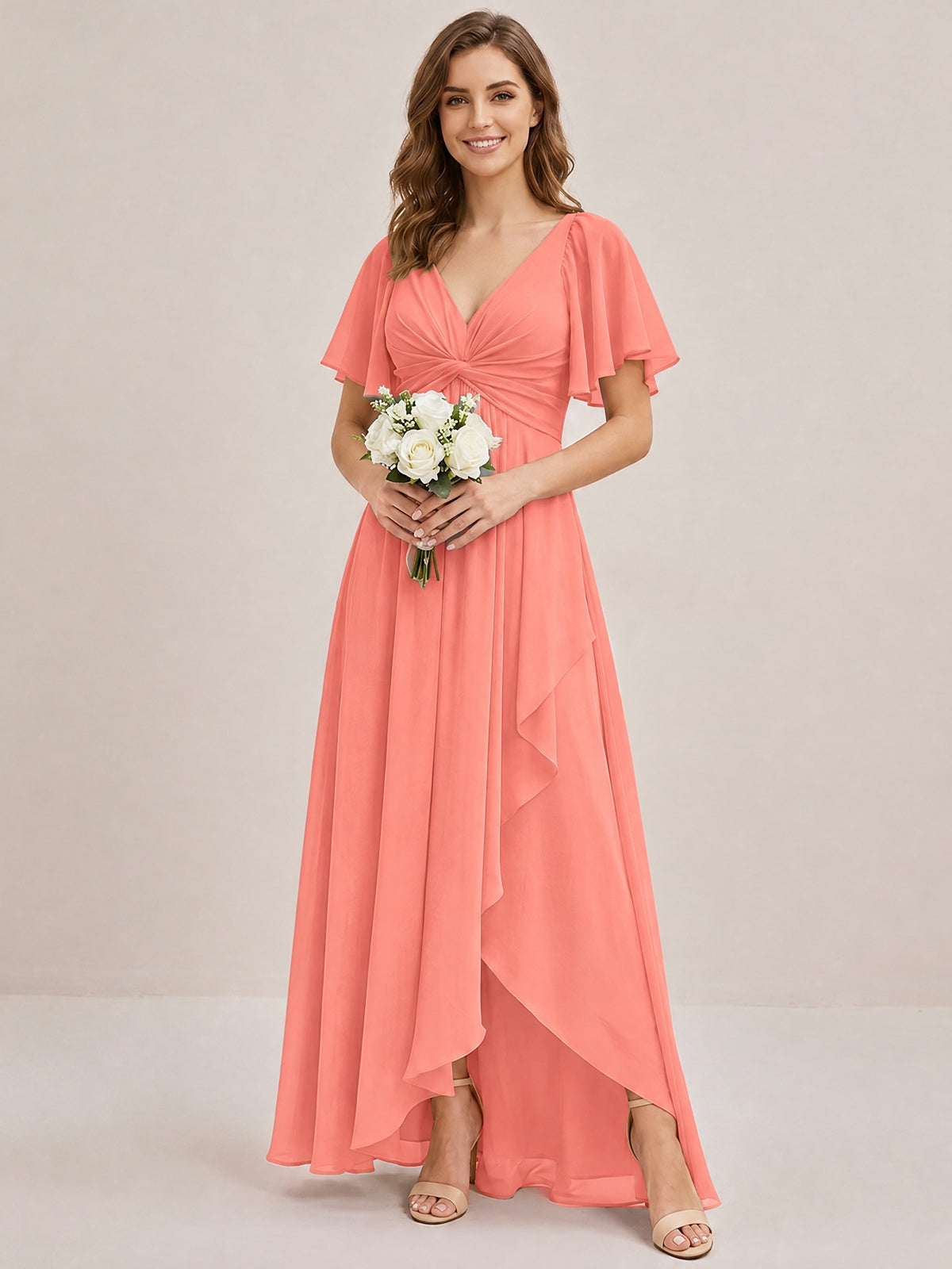 Dusty Blue Chiffon Bridesmaid Dress with Flutter Sleeves & High-Low Hem