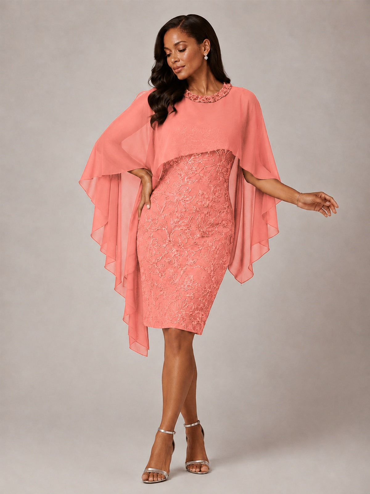 Floral Sheath Mother of the Bride Dress with Cape Overlay