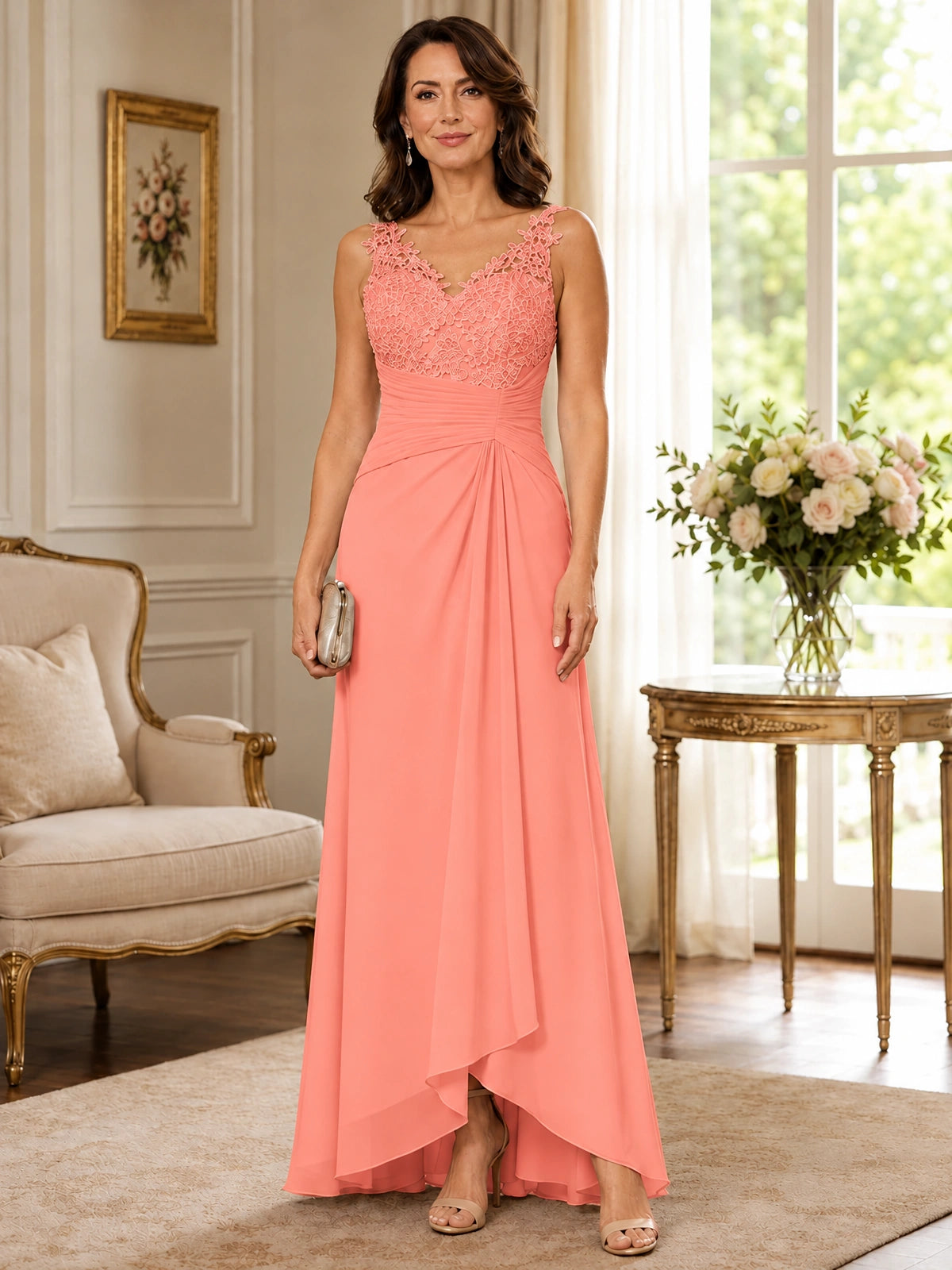 Elegant Chiffon Mother of the Bride Dress with Lace Applique and Cape Sleeves