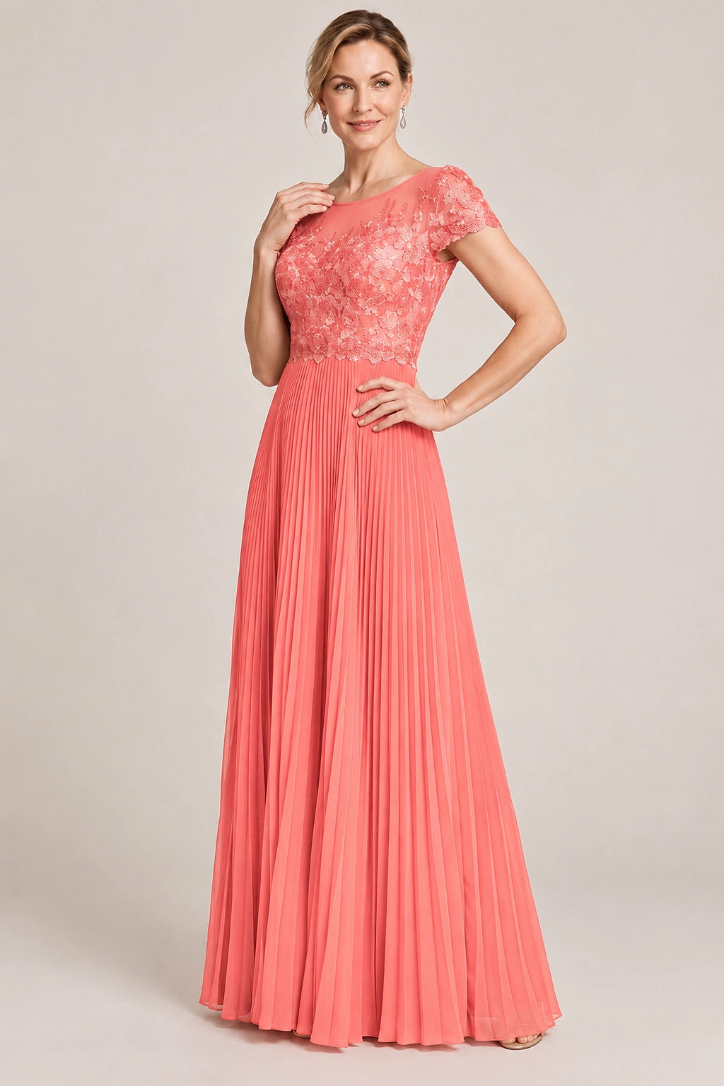 Embroidered Lace Pleated Mother of the Bride Dress