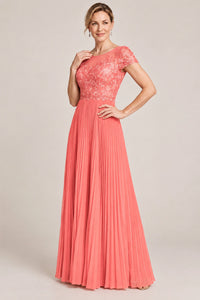 Embroidered Lace Pleated Mother of the Bride Dress
