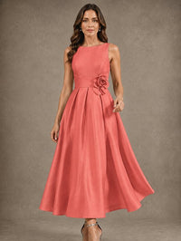 Tea-Length Satin Mother of the Bride Dress with 3D Flower Detail